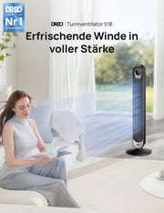 DREO DC Motor Turmventilator Leiser, 11M Windentfernung Ventilator mit Kühlung Fernbedienung, 9 Stufen 4 Modi, 90° Oszillierender Stand Ventilatoren für Schlafzimmer, Tower Fan mit 12H Timer