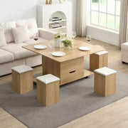 Mesa de centro elevable moderna multifuncional Zeus & Ruta con almacenamiento oculto, 4 taburetes y ruedas, perfecta para espacios modernos