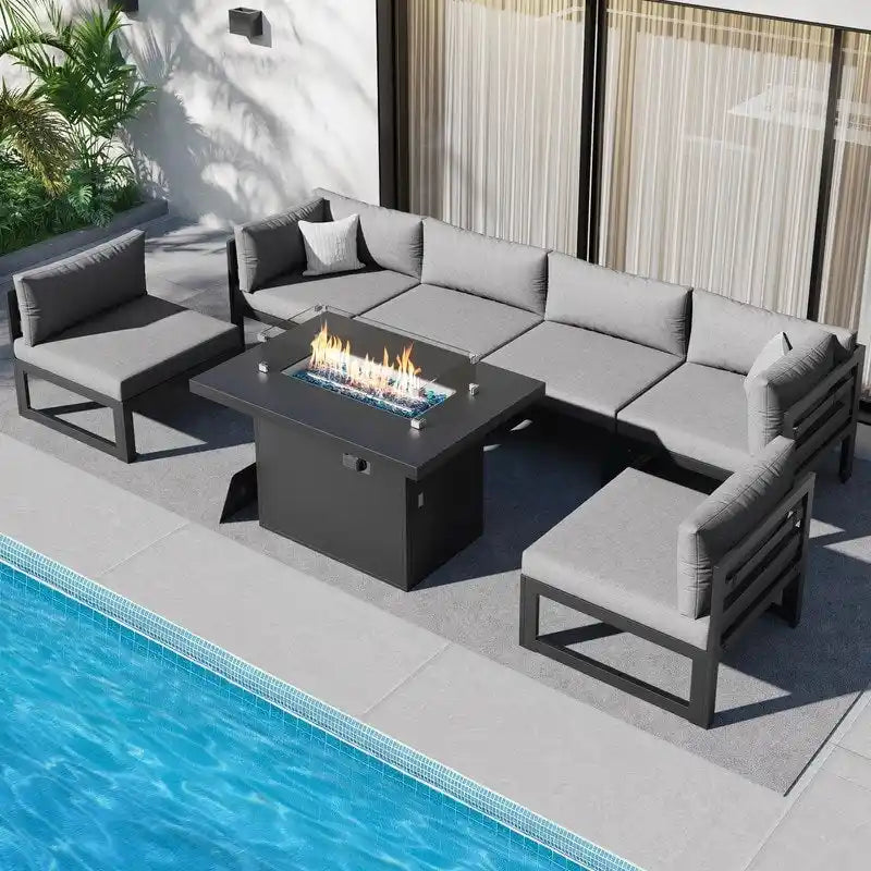 Juego de muebles de patio de aluminio de 7 piezas extragrandes FINCATI con mesa de fogata de 43 pulgadas para patio trasero, terraza y jardín