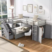 Litera en forma de L Whisen Modern Design, cama individual sobre matrimonial, con 3 cajones, escritorio portátil y armario