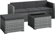 Set de muebles de jardín de ratán STEELSØN Zethora de 3 piezas – Conjunto de asientos para exterior para jardín/terraza/balcón – Salón de jardín con sofá de 3 plazas, taburete y mesa – Conjunto de muebles gris/antracita para 4 personas