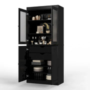 Alacena de madera maciza 100% con puertas de vidrio esmerilado, puertas sólidas, 2 cajones y estantes ajustables