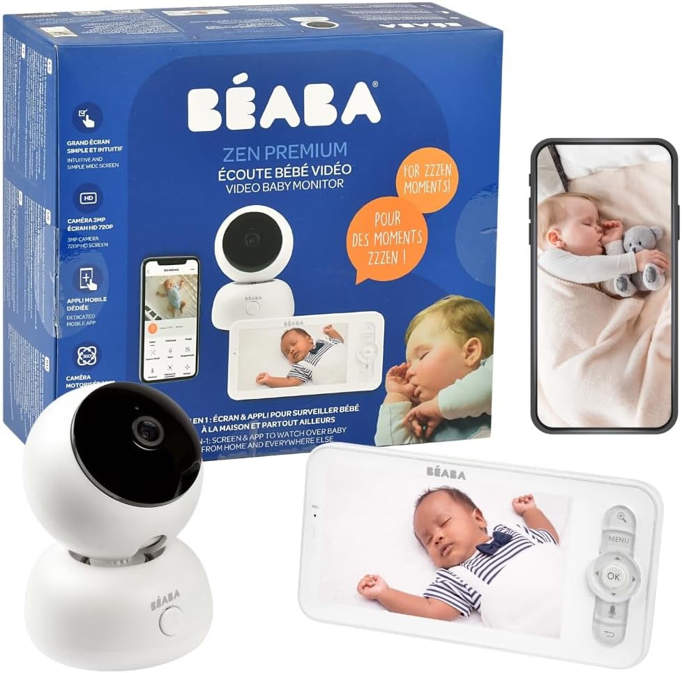 Béaba, Vigilabebés, Monitor de bebé con vídeo 2 en 1, Pantalla/Aplicación móvil dedicada, Cámara HD, Rotación de 360°, Visión nocturna, Walkie-talkie, Canciones de cuna, Control de temperatura y humedad, Zen Premium Blanco