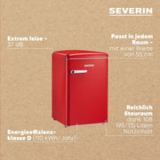 Mininevera retro SEVERIN, incluye opción de refrigeración que ahorra espacio, 2 estantes de altura ajustable, compartimento congelador integrado, extremadamente silenciosa - 37 dB, capacidad útil de 108 L, rojo, RKS 8830