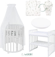 Cuna ovalada evolutiva Waldin, set completo 7 en 1, cuna de barrotes, cama infantil con colchón, cambiador, cuna colecho, madera blanca