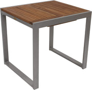 Mesa extensible de balcón Naxos 80/120x70 cm, aluminio gris plateado + acacia aceitada marrón, resistente a la intemperie