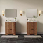 Conjunto de tocador de baño moderno estriado con lavabo de cerámica integrado, mueble de baño independiente con 3 cajones para baño contemporáneo
