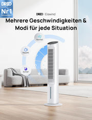 Ventilador de torre DREO con refrigeración silenciosa, ventilador con refrigeración por agua, enfriador de aire de 102 cm, enfriador evaporativo con función de oscilación de 80°, 3 modos, 4 velocidades, mando a distancia, blanco