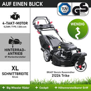Cortacésped de gasolina BRAST® Trike con tracción | 5,2kW (7CV) | 53cm de ancho de corte | muchos modelos | TÜV | motor OHV de 4 tiempos | 30-80mm de altura de corte | 60L de saco de recogida | carcasa de acero | velocidad