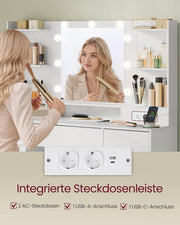 Colección VASAGLE Kailyn - Tocador con espejo y luces LED, taburete, regleta, 9 cajones, 9 bombillas regulables, 3 colores de luz, rieles deslizantes sin herramientas, blanco nube