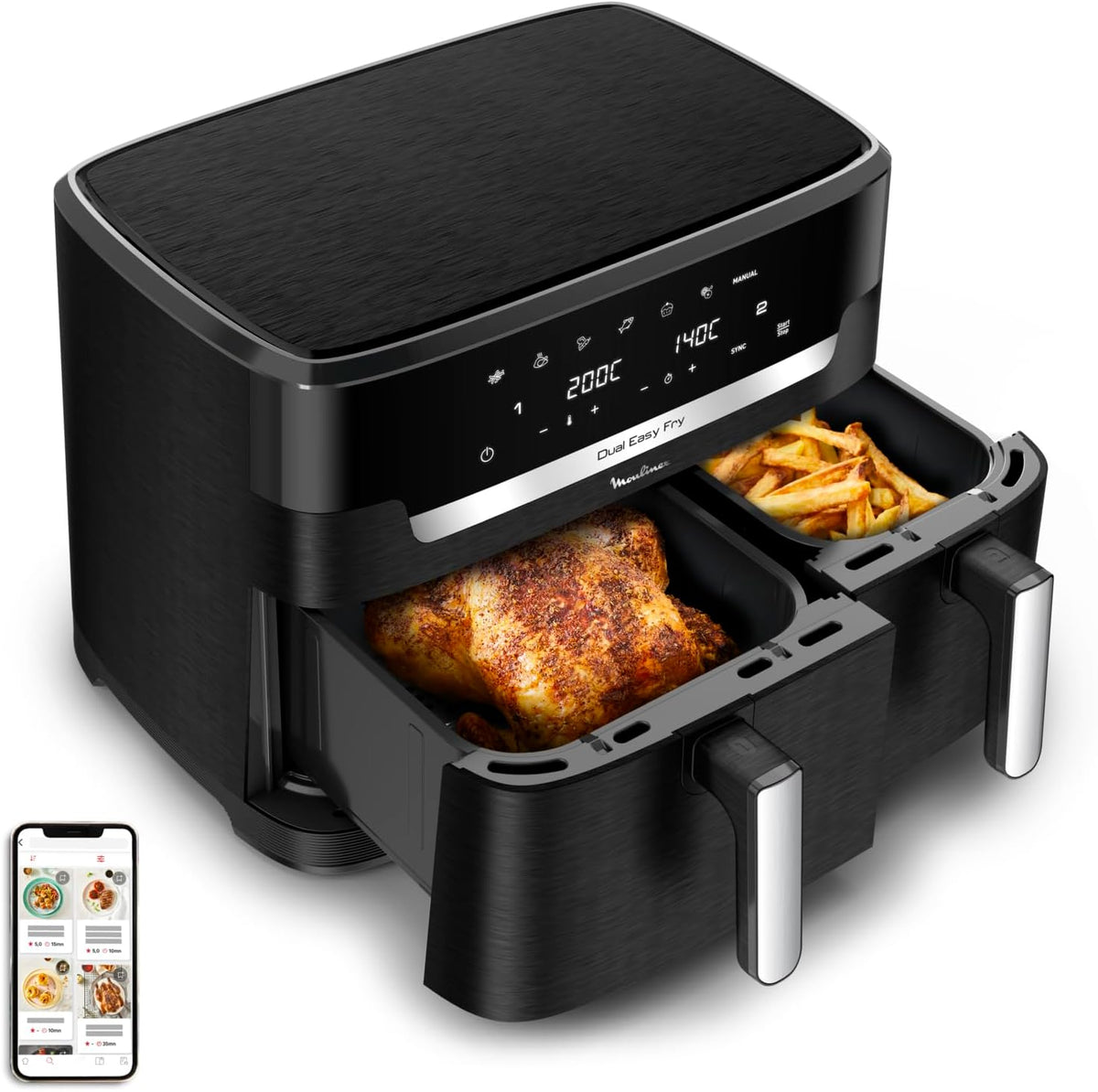 Freidora de aire Moulinex Dual XXL 11L, 8 personas o más, cesta grande hasta 3 kg, 7 programas predefinidos, Dual Easy Fry XXL, EZ9428F0, negro