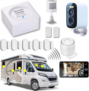 Nuevo - Alarma para Autocaravana - WiFi - con Teleasistencia 24/7 - 1 Cámara de Vigilancia - 2 Sirenas de 125 dB - 5 Sensores de apertura - 1 Detector de movimiento - 2 Mandos