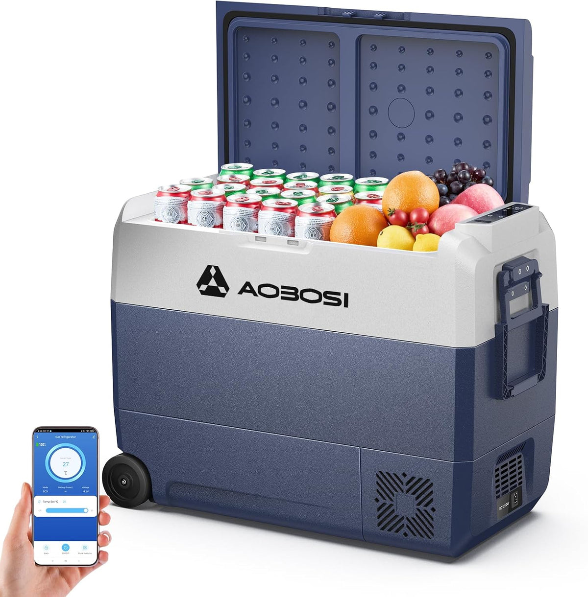 AAOBOSI Nevera portátil con compresor de 60 L, nevera para coche con control por APP, frigorífico de camping de 12/24 V y 100-240 V con puerto USB, -20 °C a 20 °C para coche, camión, barco, autocaravana, camping y viajes