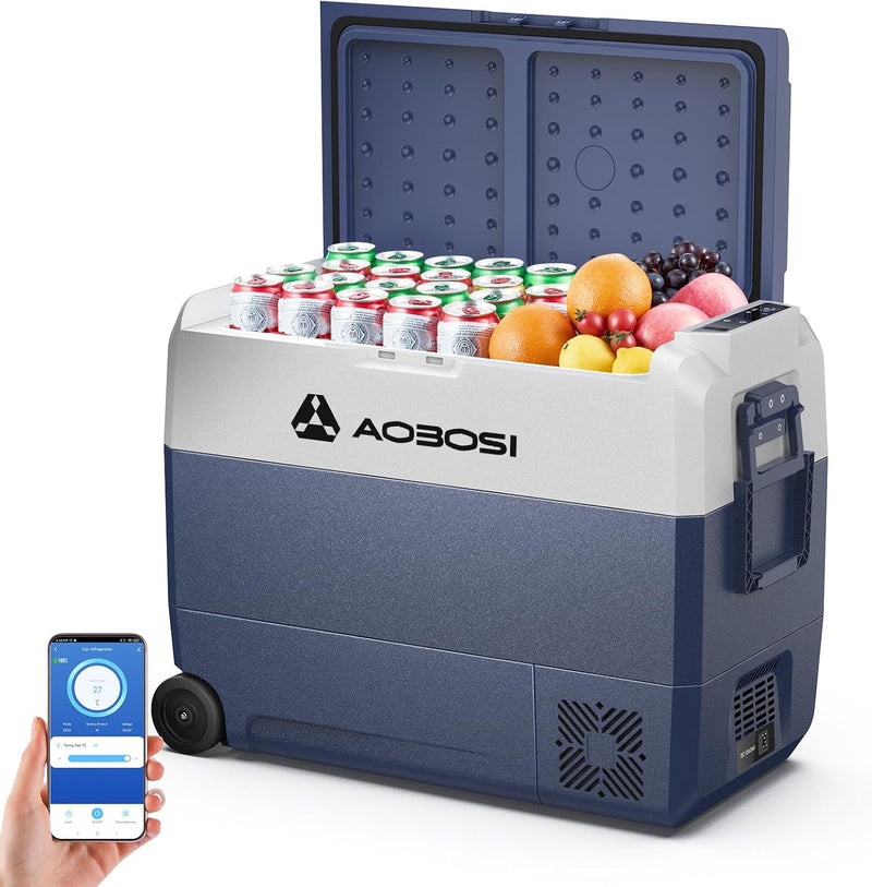 AAOBOSI Nevera portátil con compresor de 60 L, nevera para coche con control por APP, frigorífico de camping de 12/24 V y 100-240 V con puerto USB, -20 °C a 20 °C para coche, camión, barco, autocaravana, camping y viajes