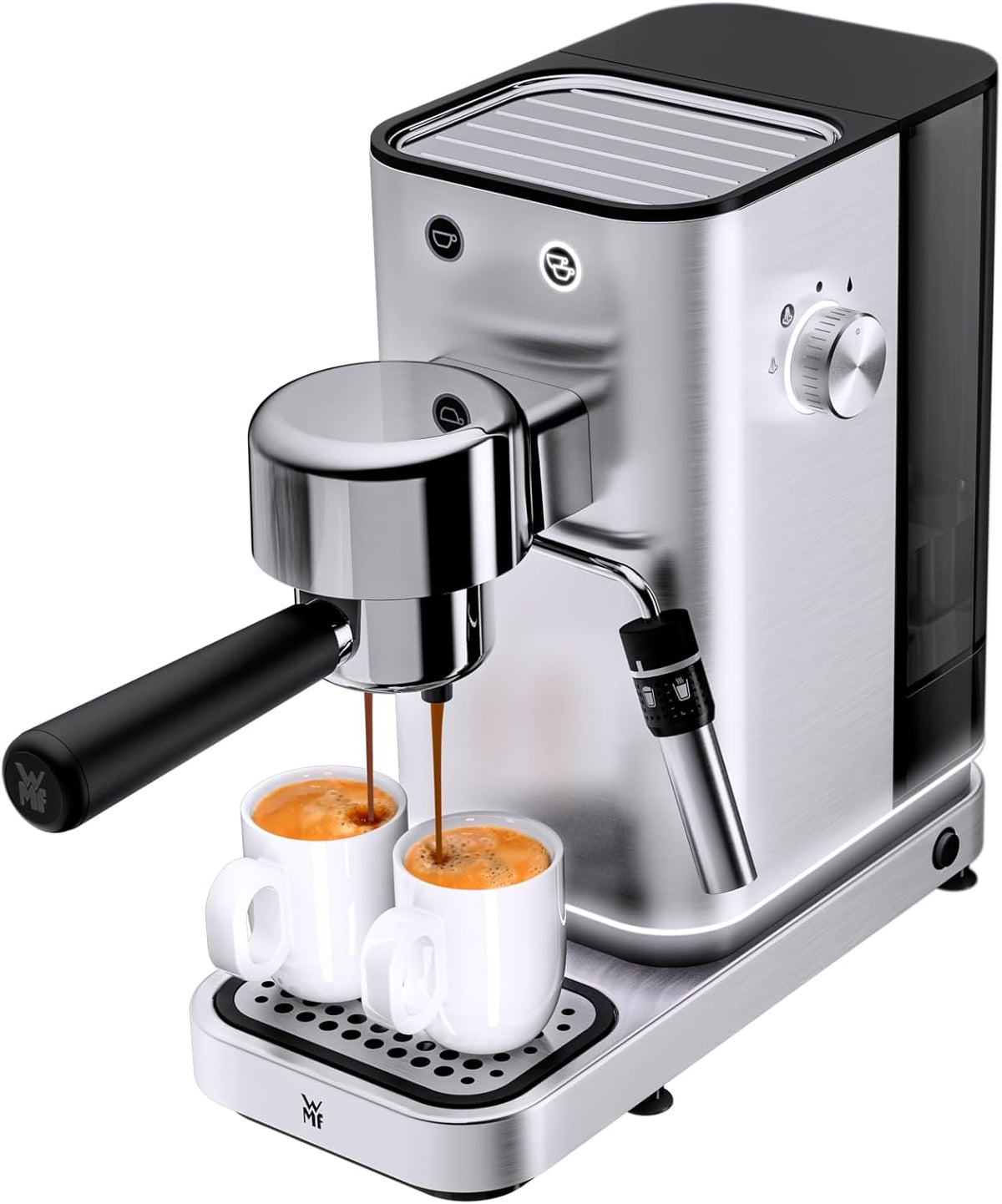 Cafetera espresso de brazo WMF Lumero 1400 vatios, máquina de café espresso, 3 filtros, para 1-2 tazas de espresso, también para monodosis, 15 bares, superficie calientatazas, boquilla para espuma de leche, acero inoxidable mate