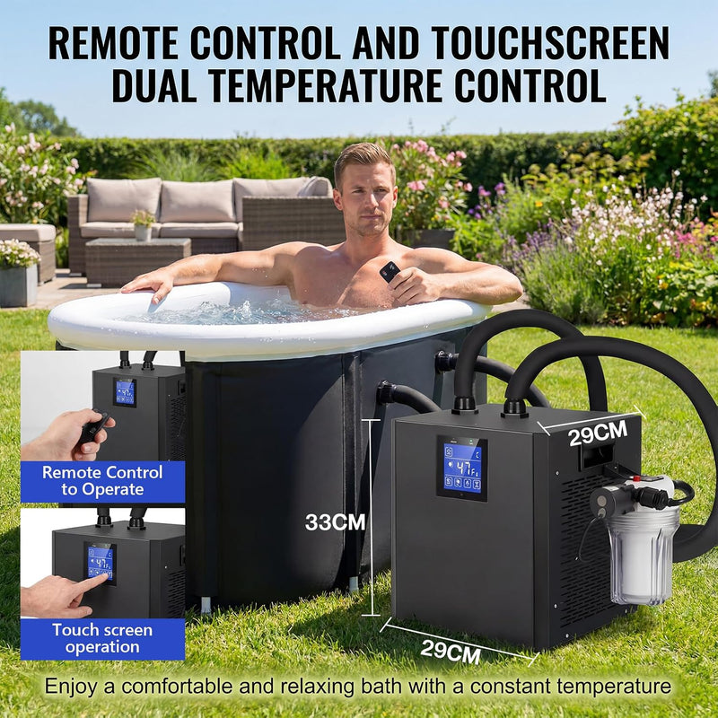 Enfriador para baño de hielo, kit de enfriador de agua de 1/3 HP para baño de hielo, dispositivo de refrigeración de 300L con pantalla táctil, control remoto, 39-122℉, con bomba y filtro para recuperación y terapia en casa