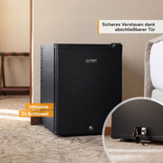 TZS First Austria - Mininevera 40L silenciosa y con cerradura - Mininevera pequeña, sentido de apertura de puerta reversible e iluminación interior - Minibar para camping, oficina, dormitorio y hotel - Negro mate