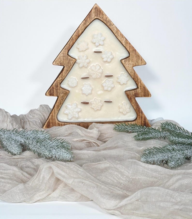 Cuenco de madera en forma de árbol de Navidad con copos de nieve o flor de Pascua, vela de soja, 100% cera de soja natural, mechas de madera, 26 cm x 19 cm