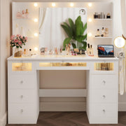 Tocador blanco con espejo iluminado de 23.5”, escritorio con cubierta de vidrio, 9 cajones, 3 colores de luces tipo Hollywood, 4 repisas, acrílico y toma de corriente, mesa de maquillaje para dormitorio