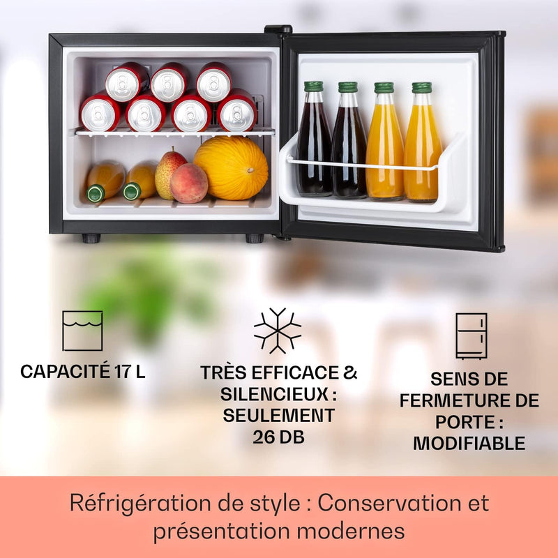 KLARSTEIN Mininevera para bebidas, frigorífico pequeño y silencioso, minibar para interiores, cervezas, vinos, camping, 3 niveles de refrigeración, cosméticos, 0-15 °C, 17 L