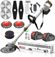 Cortacésped inalámbrico con batería y cepillo para malas hierbas 4 en 1, desbrozadora con cepillo para malas hierbas, desbrozadora sin escobillas de 21 V, cortacésped eléctrico con 2 baterías de 4.0 Ah, cargador, telescópico, ajustable, naranja