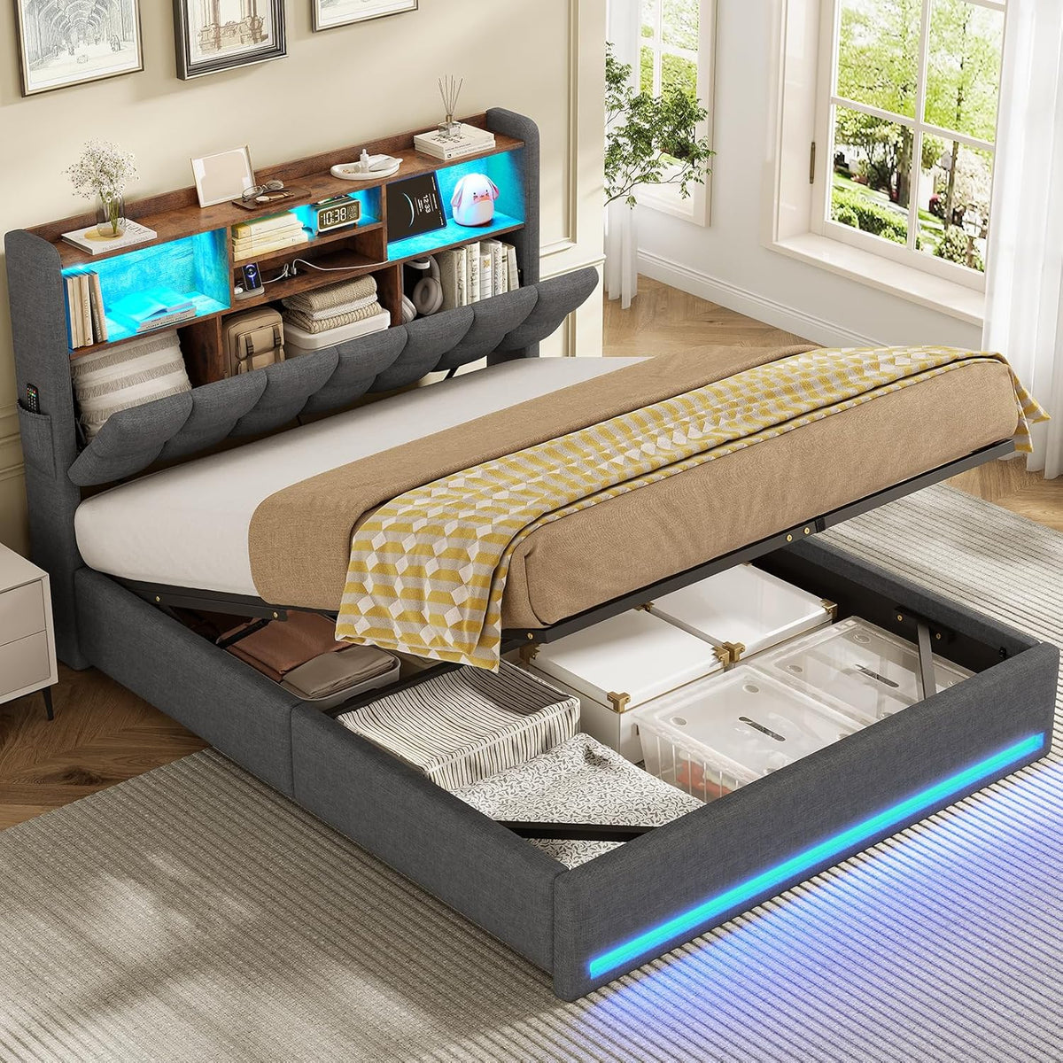 Cama tapizada AOGLLATI 140×200, cama hidráulica con almacenaje e iluminación LED, cama juvenil con puertos USB y tipo C, estructura de cama doble con listones de madera, tela de lino, sin colchón (Gris, 140x200 cm)