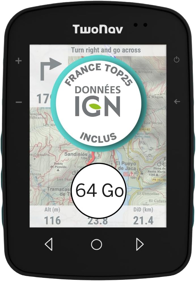TwoNav Terra (64 GB) + Mapa completo de Francia IGN Top25 instalado, GPS deportivo con pantalla grande de 3,7 pulgadas para montaña, senderismo, BTT, ciclismo
