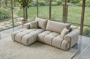 Sofá grande B&B HOME Vitton II, forma en L, tapizado de pana, beige, función cama, arcón, estilo escandinavo (con reposabrazos a la izquierda)
