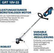 Cortabordes a batería Bosch Professional 18V System GRT 18V-33 (motor sin escobillas, diámetro de corte de 33 cm, incluye 1 correa de hombro, 1 cabezal de hilo)