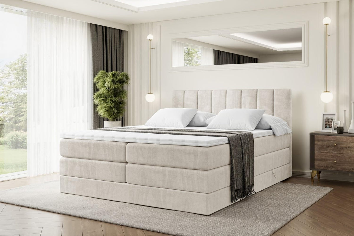 Cama boxspring ALTDECOR con colchón y somier, cubrecolchón, cama tapizada con arcón, cama con espacio de almacenamiento, colchón H3 y H4, cama doble, cama tipo boxspring - OTTA King - 180x200 - Terciopelo beige