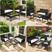 Set de muebles de jardín de polirratán para 4 personas con sofá de 2 plazas, 2 sillas, mesa y cojines, resistente a la intemperie, color negro, conjunto de muebles de terraza y balcón para jardín y patio