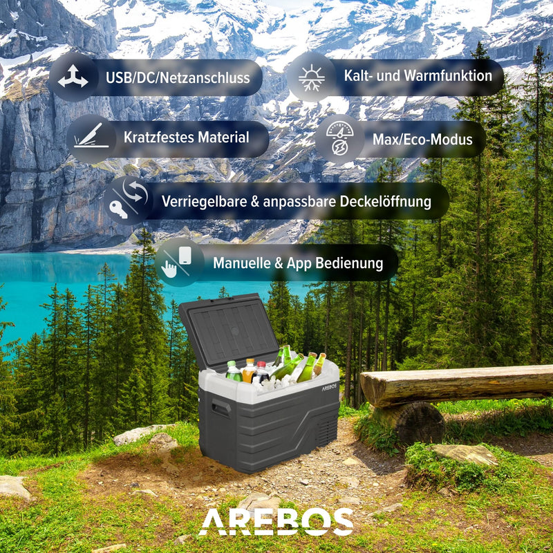 Nevera de compresor Arebos 35 litros con control inteligente por app, USB, hasta -20°C, 12V 24V 230V, para coche, camión, camping, barco y autocaravana