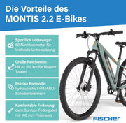 Bicicleta eléctrica de montaña (MTB) Fischer Montis 2.2 Active para hombre y mujer, talla de cuadro 49, motor trasero de 50 Nm, batería de 48 V