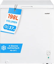 Congelador horizontal Comfee 198L, silencioso 37 dB, congelación de 4 estrellas, conversión de refrigeración/congelación (1–10°C / -24––12°C), congelación rápida de 24h 9kg, compresor inverter de ahorro energético, interior de aluminio