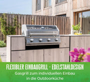 Grillfürst Gasgrill G401E - 4 quemadores de acero inoxidable, barbacoa de gas empotrable con ventana, parrilla para cocina exterior con tapa de doble pared y rejillas de acero inoxidable, modelo integrable
