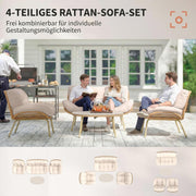 Outsunny Gartenmöbel Set 4-teilig Polyrattan Lounge-Set mit Zweisitzer 2 Sessel Tisch Tiefem Sitz Dicke Kissen Kunststoff-Tischplatte, Balkonmöbel für 4 Personen Sitzgruppe für Garten Balkon Beige