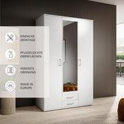 Stella Trading KARL Armario elegante de 3 puertas con gran espacio de almacenamiento - Armario versátil de puertas batientes en color blanco con puerta de espejo - 120 x 195 x 55 cm (ancho/alto/fondo)