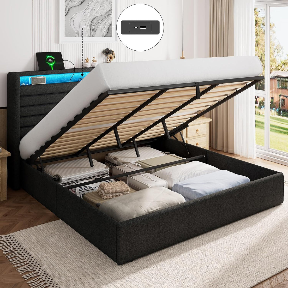 Cama FEONASE 180x200 con espacio de almacenamiento, cama tapizada de 180x200 cm con iluminación LED y estación de carga, estructura de cama con almacenamiento hidráulico y en el cabecero, somier, sin colchón, gris oscuro