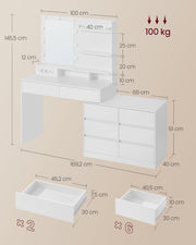 Colección VASAGLE Kailyn - Tocador con espejo e iluminación LED, mesa de maquillaje con 9 bombillas, 8 cajones, 3 estantes, 3 colores de luz, recto o en forma de L, blanco nube RDT140WB01