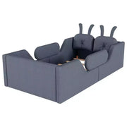 Cama plataforma doble Whisen, cama de suelo tapizada para niños con cojín de conejo, barandillas laterales extraíbles