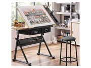 Mesa de dibujo de altura ajustable, mesa de arte inclinable de 0-75° para adultos, escritorio para artistas con 2 cajones de almacenamiento y taburete