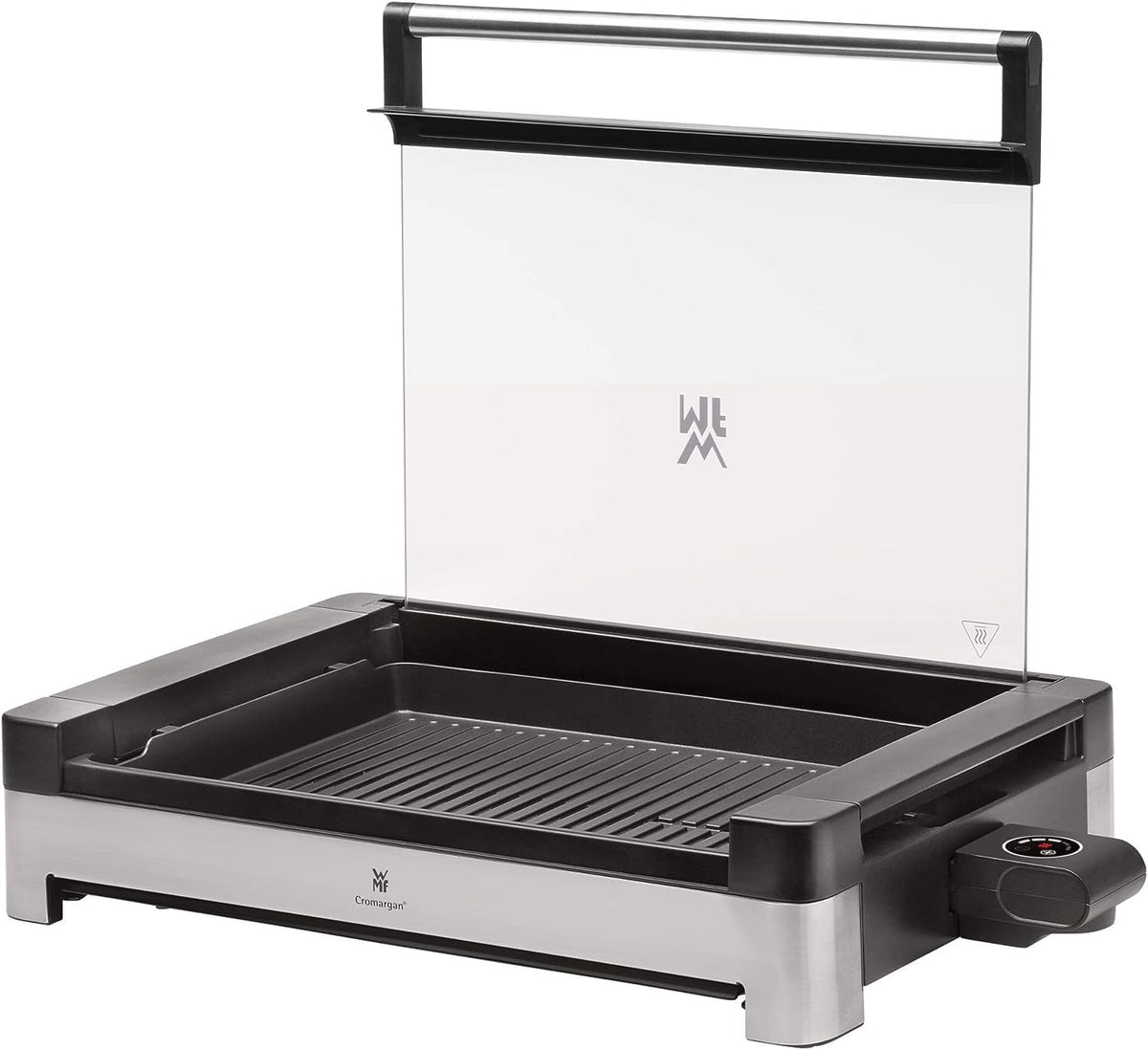 Parrilla de mesa eléctrica WMF Lono con tapa de cristal, placa de grill revestida, bandeja de goteo extraíble, apta para lavavajillas, acero inoxidable mate, 2200 vatios