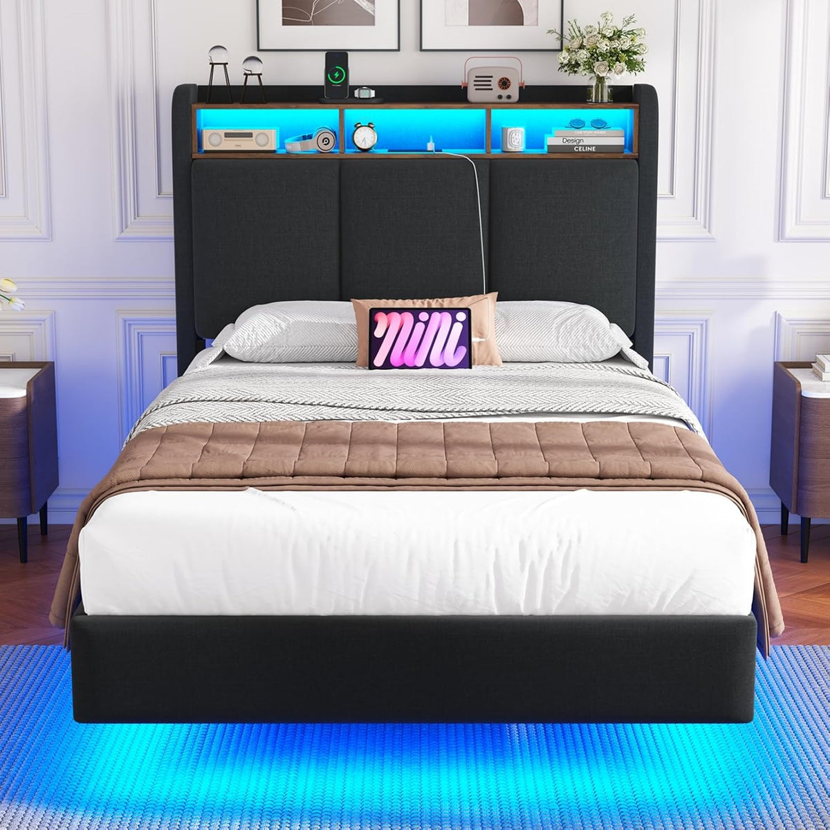 Cama tapizada Brinlawb 90x200 cm, cama flotante con iluminación LED y estación de carga (2 tomas de CA, 1 puerto USB-A, 1 puerto USB-C), cama juvenil 90x200 con cabecero acolchado, cama 90x200 con espacio de almacenamiento, gris
