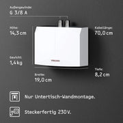 Minicalentador de paso DHM 3 hidráulico 3,5 kW 230 V con enchufe para lavabo, montaje bajo encimera