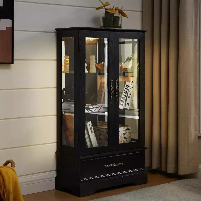 Vitrina de cristal iluminada con estantes ajustables: elegante vitrina de 2 puertas con cajón integrado, incluye bombilla