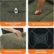 Sillón reclinable mecedor con masaje y calefacción, silla reclinable giratoria de 360 grados para adultos, silla de guardería de lino con bolsillo lateral y dos portavasos