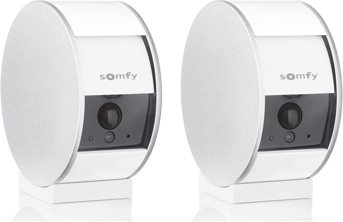 Somfy 1870469 - Pack de 2 cámaras de interior, cámaras con obturador motorizado, visión nocturna, detección de movimiento, gran angular, altavoz, micrófono, compatible con: Alexa, Google Home y Tahoma