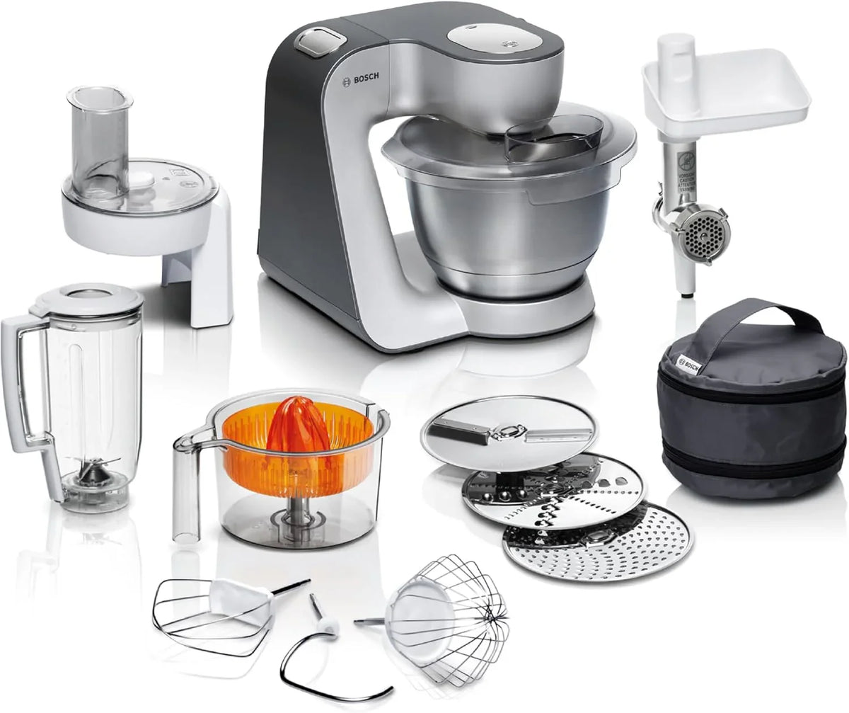 Procesador de alimentos Bosch Serie 4 MUM56340, bol de 3,9 L, batidora de 1,25 L, picadora de carne, exprimidor, sistema de mezclado planetario, gancho para amasar, varillas batidoras y mezcladoras, cortador-rallador, 3 discos, 900 W, plata/gris