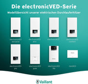 Calentador de agua electrónico Vaillant, VED E 21/8, resistente a la presión, 21 kW, 400 V, temperatura de salida precisa, regulable de forma continua, pantalla digital, 0010023778, [Clase de eficiencia energética A]