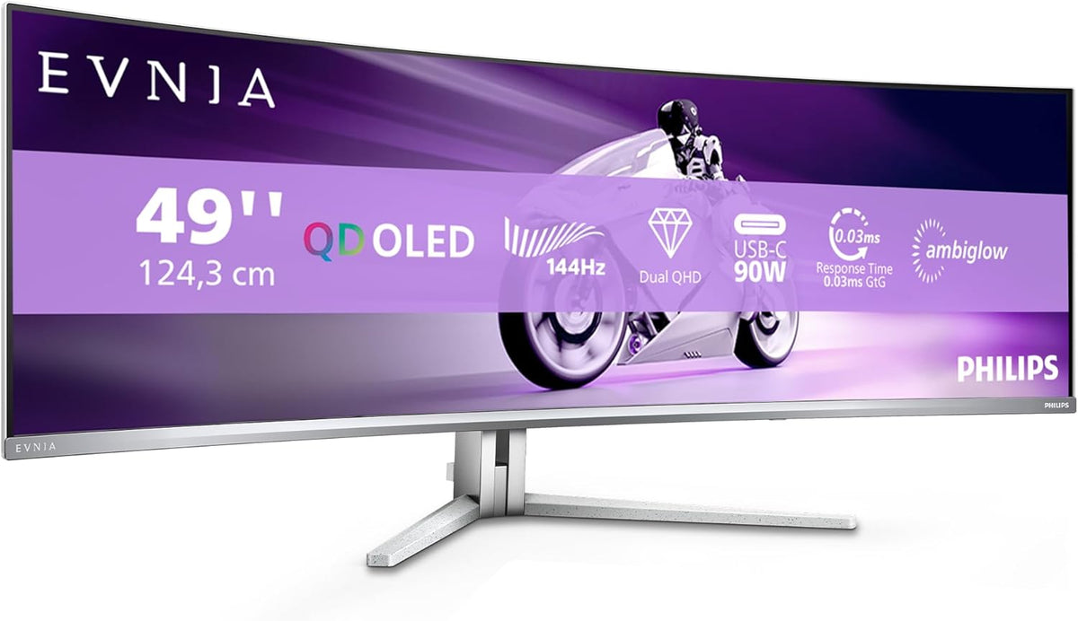 Philips Evnia 49M2C8900LA - Monitor gaming curvo DQHD OLED de 49 pulgadas, 144 hercios, 0,03 ms GtG, HDR400, Ambiglow (5120x1440, HDMI 2.1, DisplayPort 1.4, USB-C, concentrador USB) Blanco